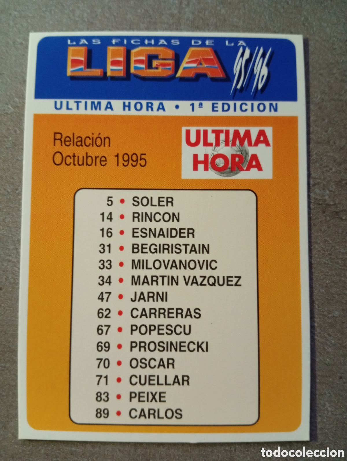 Fu&szlig;ball-Sticker: F&Uacute;TBOL CROMO &Iacute;NDICE DE &Uacute;LTIMA HORA 1&ordf; EDICI&Oacute;N DE LA COLECCI&Oacute;N MUNDICROMO 1995 1996