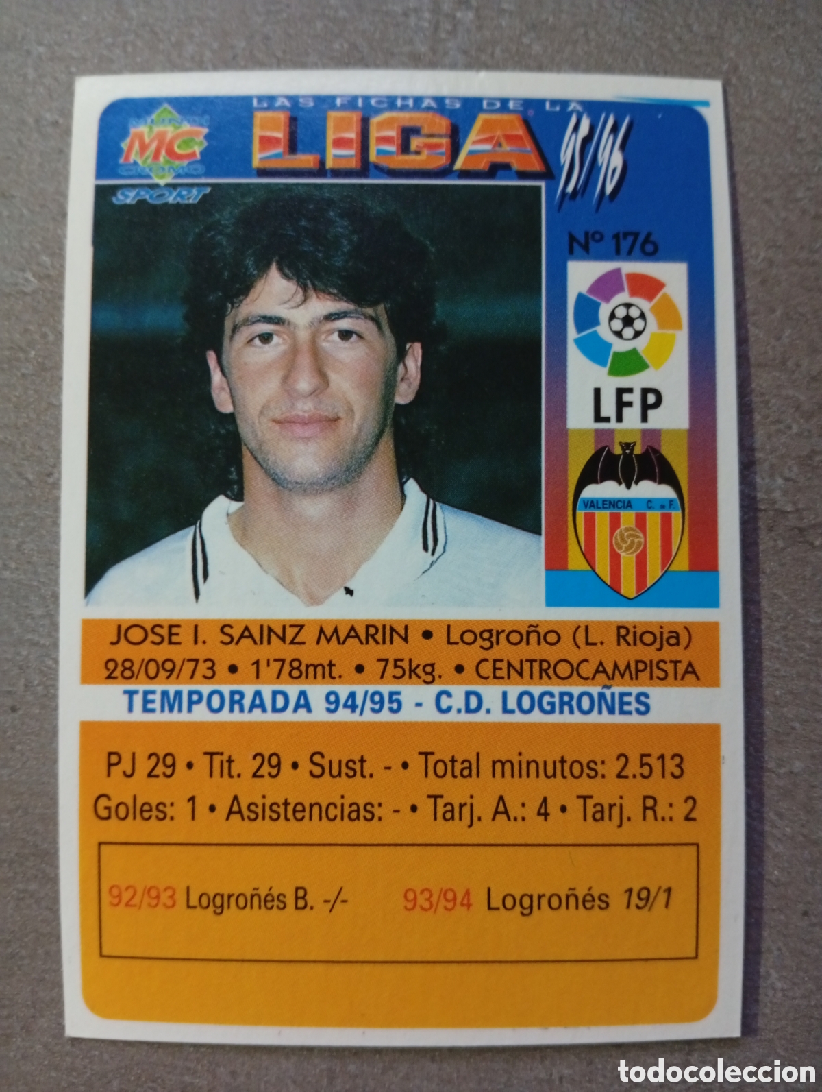 Fu&szlig;ball-Sticker: F&Uacute;TBOL CROMO N&ordm; 176 JOSE IGNACIO VALENCIA C.F. MUNDICROMO 1995 1996