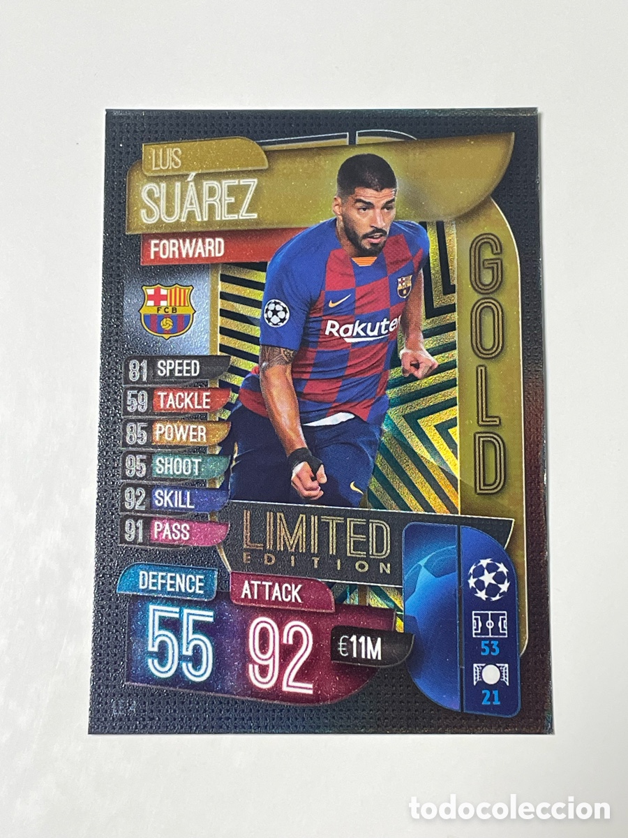 Cromos de f&uacute;tbol: Luis Su&aacute;rez F. C. Barcelona Topps Match Attax 19/20 Gold edici&oacute;n limitada #LE4
