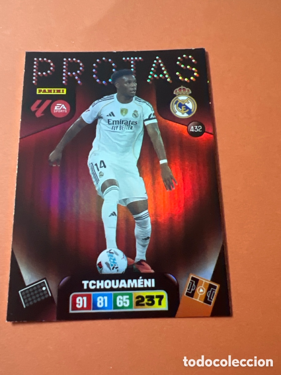 Cromos de f&uacute;tbol: E297. Tchouameni Protas n&uacute;mero 432 del Real Madrid cromo adrenalyn XL 25-26 2025-2026