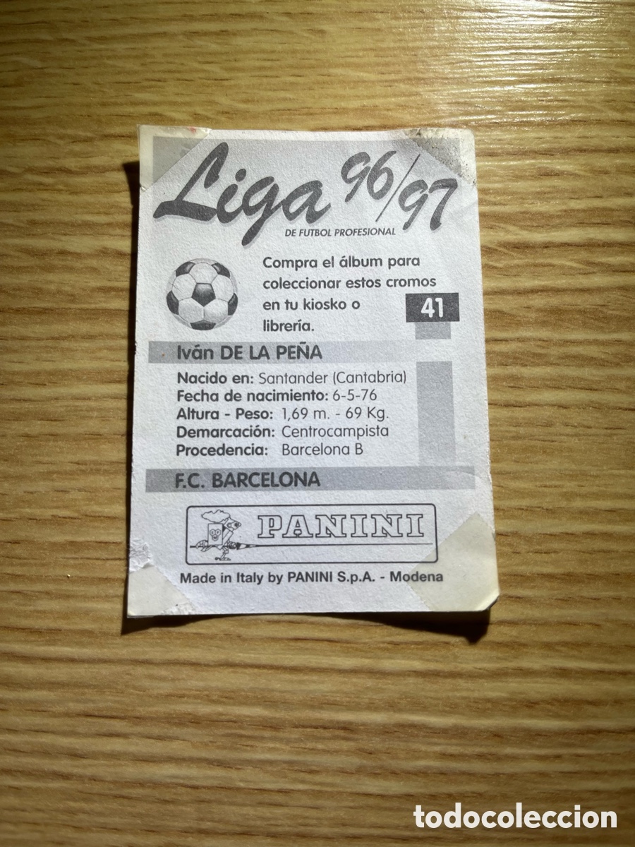 Cromos de f&uacute;tbol: Trasera de cromo IVAN DE LA PE&Ntilde;A. F.C. Barcelona. Liga 96 / 97. Panini N&ordm; 41