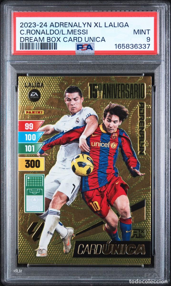 Cromos de f&uacute;tbol: Cristiano y Messi Card Unica Panini Adrenalyn XL 15 Aniversario 2023 24 PSA 9