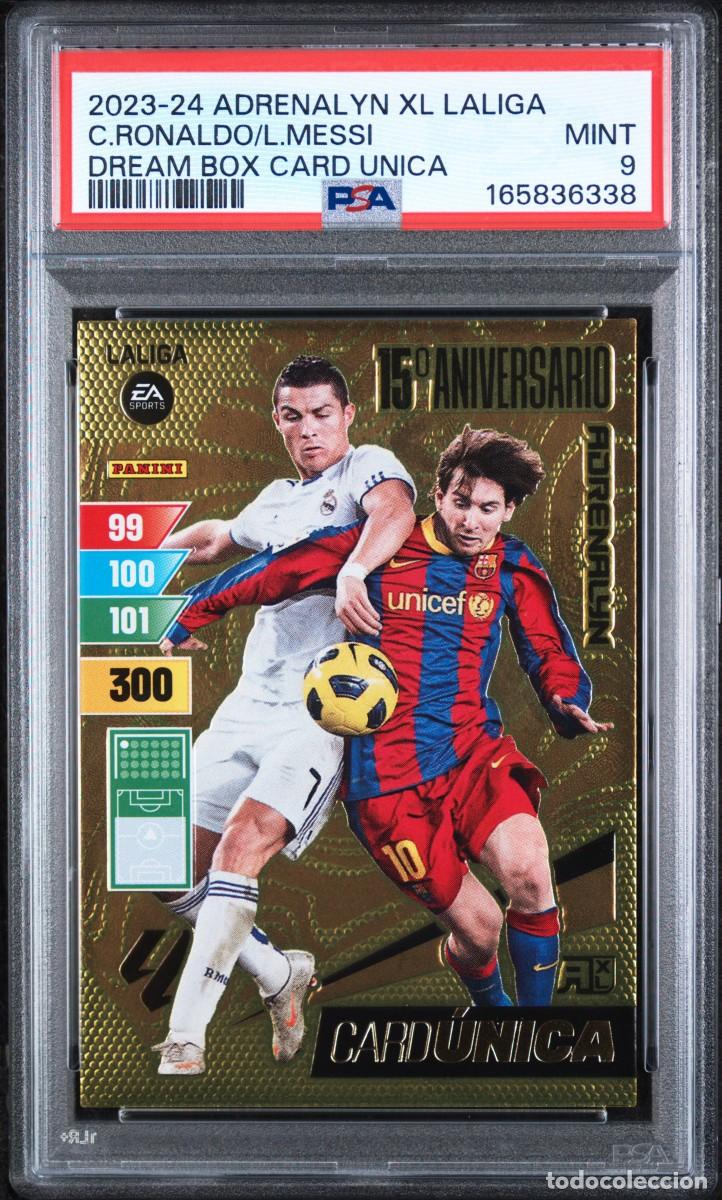Cromos de f&uacute;tbol: Cristiano y Messi Card Unica Panini Adrenalyn XL 15 Aniversario 2023 24 PSA 9