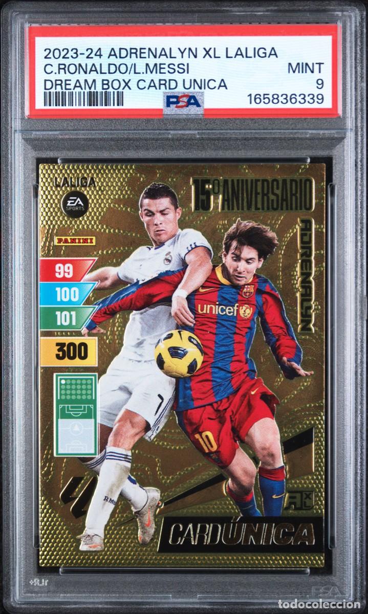 Cromos de f&uacute;tbol: Cristiano y Messi Card Unica Panini Adrenalyn XL 15 Aniversario 2023 24 PSA 9
