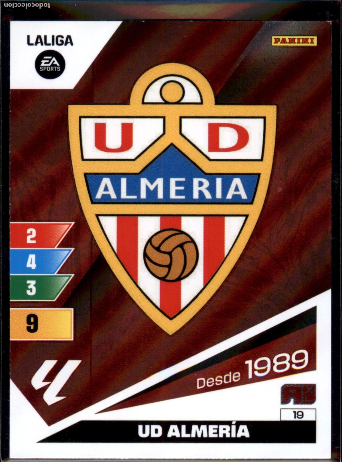 Cromos de f&uacute;tbol: Escudo UD Almer&iacute;a N&ordm; 19 LaLiga EA SportsAdrenalyn XL 2023 2024 Panini 23 24