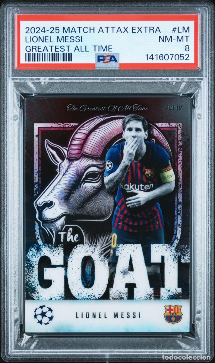 Cromos de f&uacute;tbol: Messi #LM FC Barcelona Topps Match Attax Extra Greathest All Time 2024 25 PSA 8