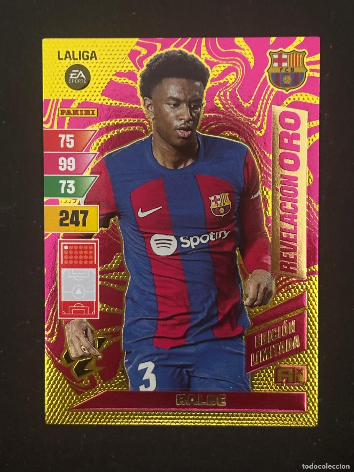 Fu&szlig;ball-Sticker: BALDE BARCELONA REVELACI&Oacute;N ORO LIMITADA SOBRE PREMIUM ORO ADRENALYN XL LALIGA 23-24 2023-2024
