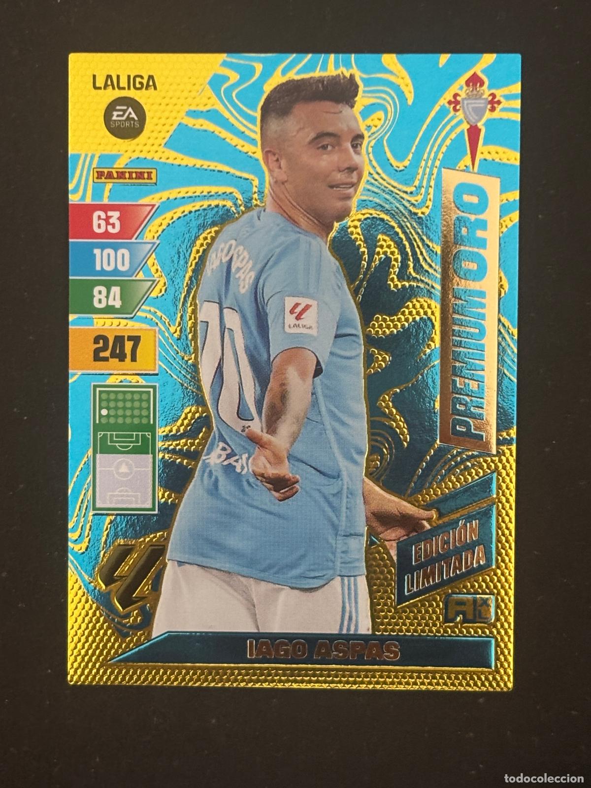 Fu&szlig;ball-Sticker: IAGO ASPAS CELTA EDICI&Oacute;N LIMITADA SOBRE PREMIUM ORO ADRENALYN XL LALIGA 23-24