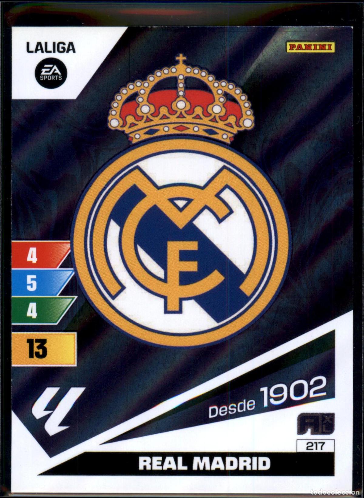 Cromos de f&uacute;tbol: Escudo Real Madrid N&ordm; 217 LaLiga EA SportsAdrenalyn XL 2023 2024 Panini 23 24