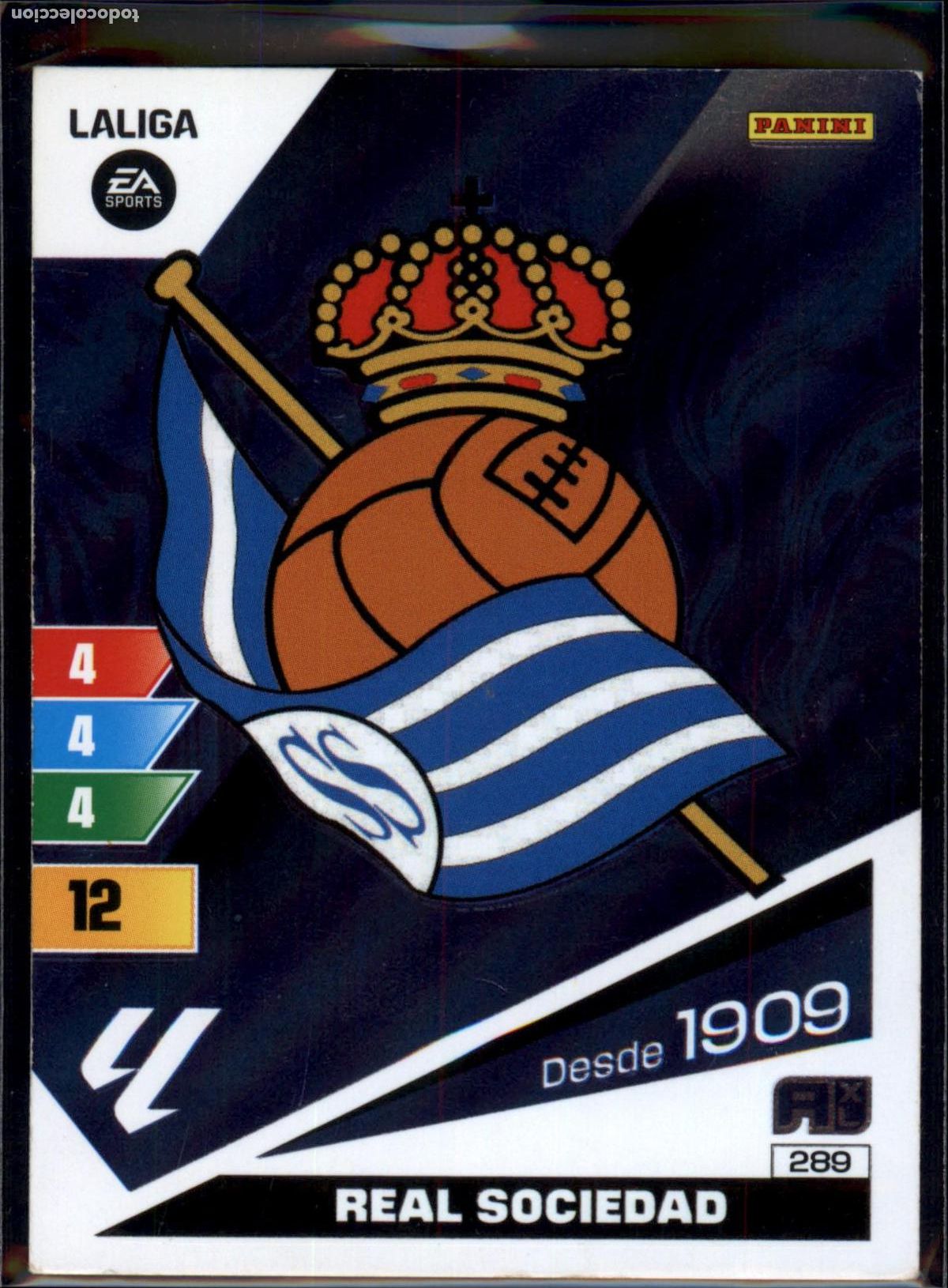 Cromos de f&uacute;tbol: Escudo Real Sociedad N&ordm; 289 LaLiga EA SportsAdrenalyn XL 2023 2024 Panini 23 24