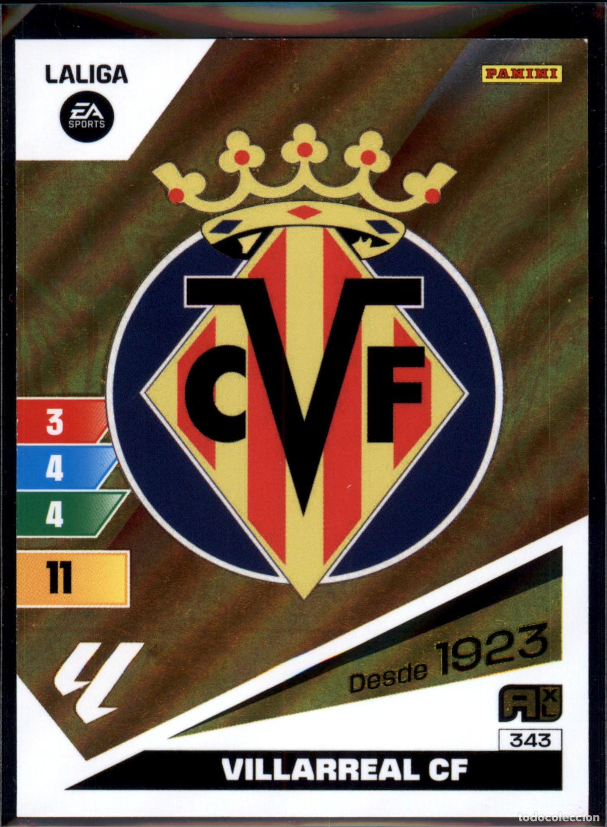 Cromos de f&uacute;tbol: Escudo Villarreal CF N&ordm; 343 LaLiga EA SportsAdrenalyn XL 2023 2024 Panini 23 24