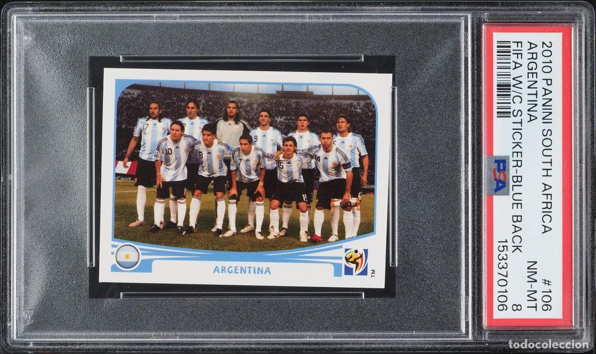 Cromos de f&uacute;tbol: 2010 Panini South Africa FIFA World Cup Sticker Blue Back Argentina #106 PSA 8 NM-MT MESSI