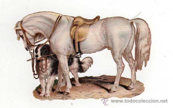 Colecionismo Cromos recortados antigos: CROMO TROQUELADO UN CABALLO Y UN PERRO EN RELIEVE, ANTIGUO