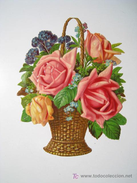 Collectable Antique Stamped Cards: CESTA DE ROSAS - CROMO TROQUELADO GRANDE