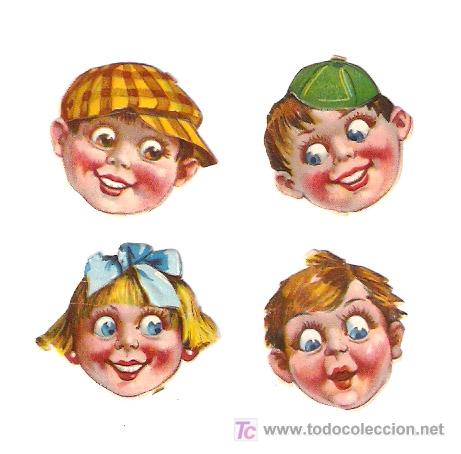Coleccionismo Cromos troquelados antiguos: 4 CABEZAS de MU&Ntilde;ECOS -Cromos troquelados Antiguos -4 cm alto -Vell i Bell