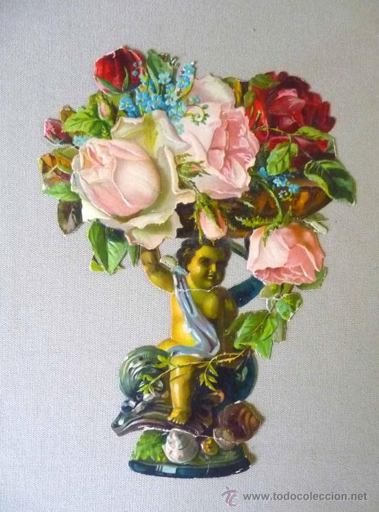 Collezionismo Figurine ritagliate antiche: CROMO TROQUELADO, PRINCIPIOS 1900, PROBABLEMENTE INGLES, NI&Ntilde;O SUJETANDO FLORES, 23X20