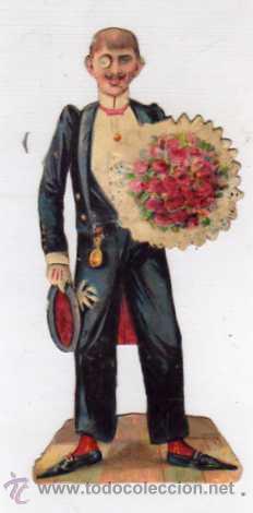 Collectable Antique Stamped Cards: Cromo con publicidad de Chocolates Amatller. Barcelona. Novio con ramo de flores. 12 x 4 cm.