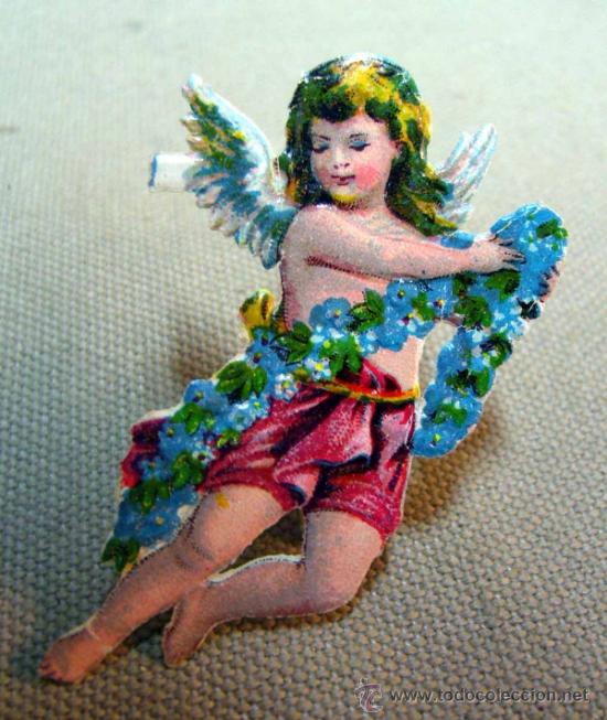 Collectionnisme Cartes &agrave; collectionner massicot&eacute;es anciennes: CROMO TROQUELADO, GOFRADO, ANGEL O ANGELITO CON GUIRNALDA, 6 CM, 1930s,