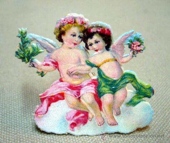 Colecionismo Cromos recortados antigos: CROMO TROQUELADO, GOFRADO, PAREJA DE ANGELITOS, 5 X 4,5 CM, 1930s