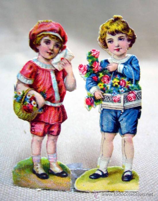 Collectionnisme Cartes &agrave; collectionner massicot&eacute;es anciennes: CROMO TROQUELADO, GOFRADO, PAREJA DE NI&Ntilde;OS CON FLORES, 1930s, 6 CM