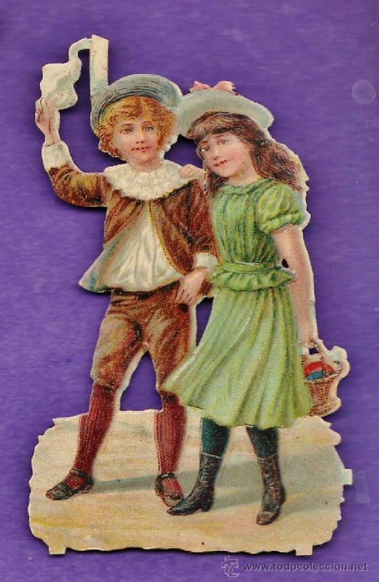 Sammeln alte gestanzte Sammelbilder: antiguo cromo troquelado - pareja de ni&ntilde;os en el campo - de epoca