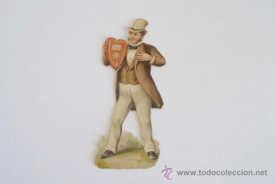 Sammeln alte gestanzte Sammelbilder: Cromo troquelado, principios siglo XX. Se&ntilde;or con regalo en forma de coraz&oacute;n.