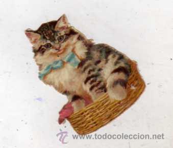 Sammeln alte gestanzte Sammelbilder: Cromo troquelado gatito con cesta 6 cm sin publicidad.