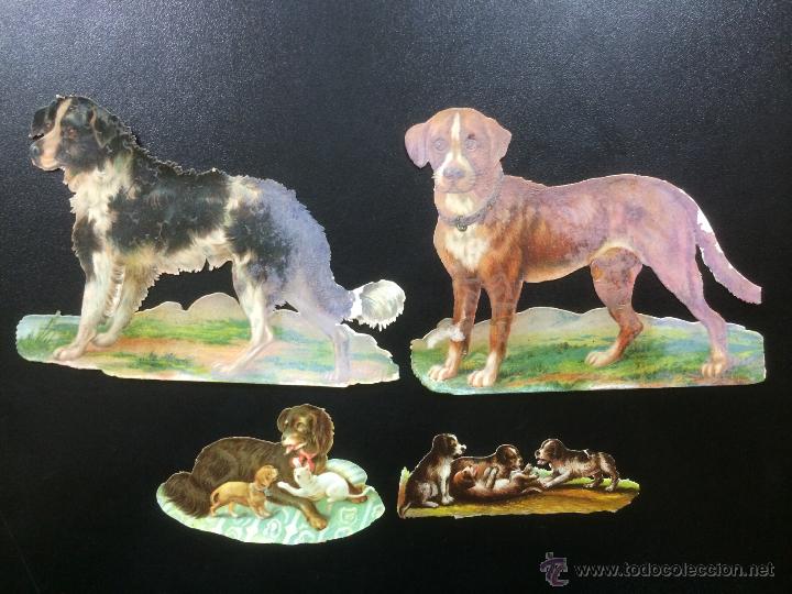 Colecionismo Cromos recortados antigos: LOTE DE 4 ANTIGUOS CROMOS TROQUELADOS - ANIMALES, PERROS - FRANCIA.