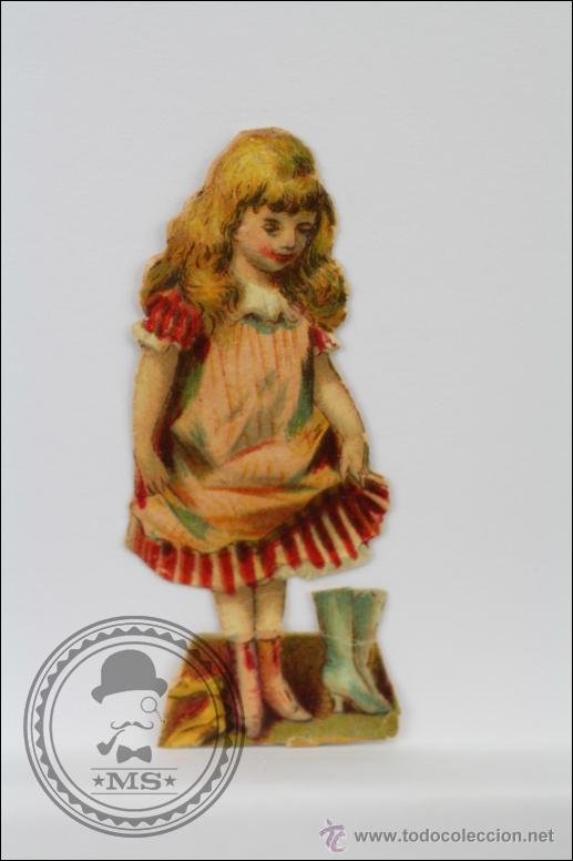 Colecionismo Cromos recortados antigos: Antiguo Cromo de Picar / Troquelado - Chocolate Amatller, Barcelona - Ni&ntilde;a con Botas - 5,5 Cm Altura