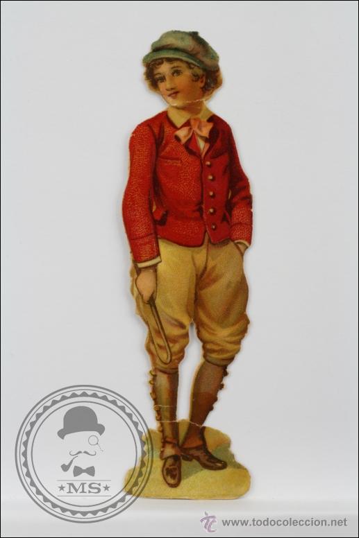 Colecionismo Cromos recortados antigos: Antiguo Cromo Picar / Troquelado Chocolate Amatller - Muchacho Jockey - 12 Cm Largo