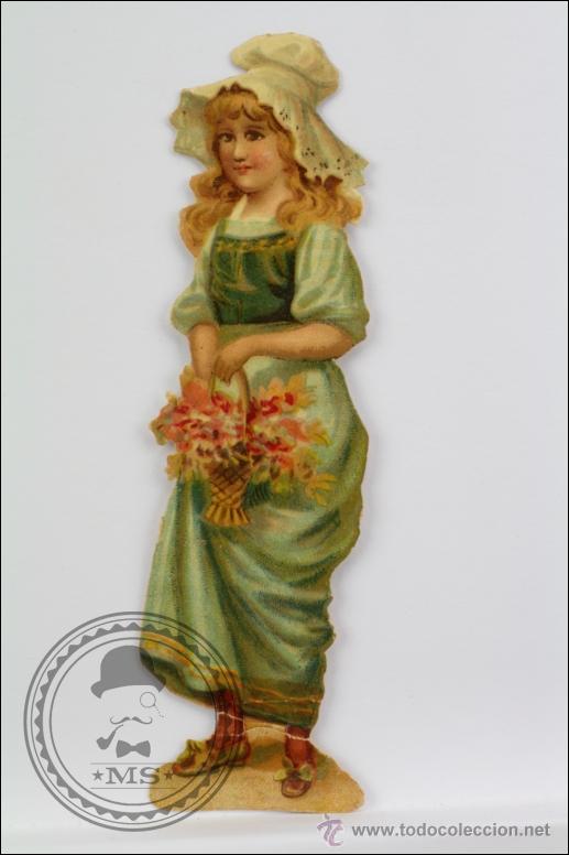 Colecionismo Cromos recortados antigos: Antiguo Cromo Picar / Troquelado Chocolate Amatller - Ni&ntilde;a con Cesta de Flores - 12 Cm Largo
