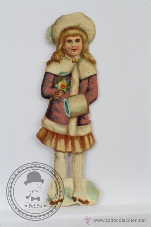 Colecionismo Cromos recortados antigos: Antiguo Cromo de Picar / Troquelado Chocolates Jaime Boix - Ni&ntilde;a con Rosa en Invierno - 8 Cm Largo