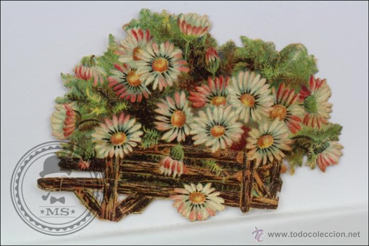 Colecionismo Cromos recortados antigos: Antiguo Cromo de Picar / Troquelado Chocolates Jaime Boix - Caja con Margaritas - 7,5 Cm Largo