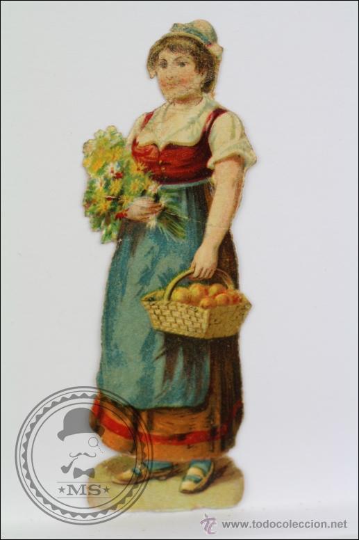 Colecionismo Cromos recortados antigos: Antiguo Cromo de Picar / Troquelado Chocolates Jaime Boix - Mujer con Flores y Frutas - 8,5 Cm Largo