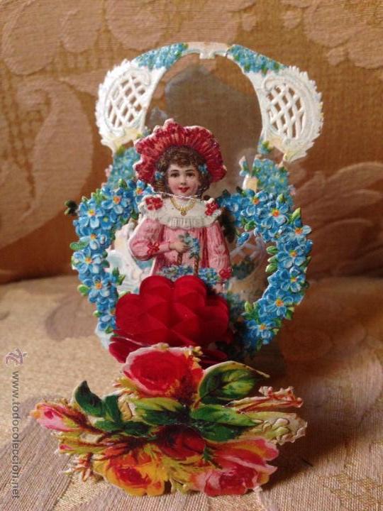 Collectable Antique Stamped Cards: Antiguo cromo troquelado desplegable con celuloide.mide 10 cm
