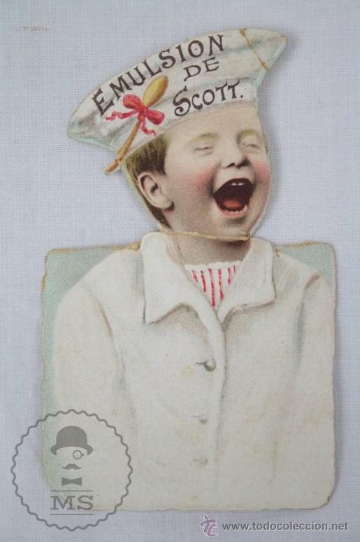 Collectionnisme Cartes &agrave; collectionner massicot&eacute;es anciennes: Antiguo Cromo Troquelado Publicitario - Emulsi&oacute;n de Scott - Restauraci&oacute;n - Medidas 10 x 6 Cm