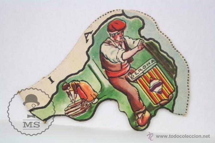 Collectionnisme Cartes &agrave; collectionner massicot&eacute;es anciennes: Antiguo Cromo Troquelado de Chocolates Jaime Boix. N&ordm; 12. Gerona / Girona - Puzle Mapa de Espa&ntilde;a