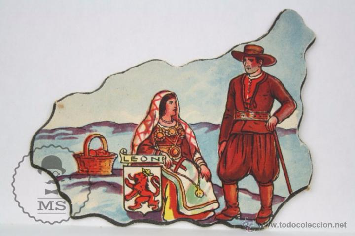 Collectionnisme Cartes &agrave; collectionner massicot&eacute;es anciennes: Antiguo Cromo Troquelado de Chocolates Jaime Boix. N&ordm; 15. Leo&oacute; - Puzle Mapa de Espa&ntilde;a