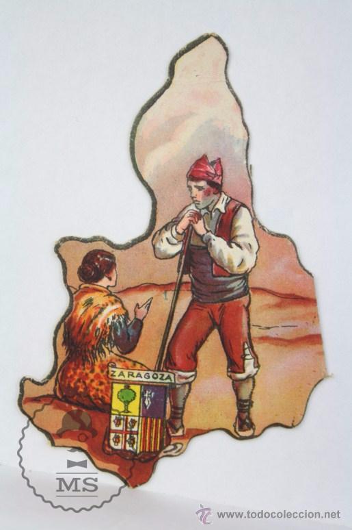 Collectionnisme Cartes &agrave; collectionner massicot&eacute;es anciennes: Antiguo Cromo Troquelado de Chocolates Jaime Boix. N&ordm; 19. Zaragoza - Puzle Mapa de Espa&ntilde;a