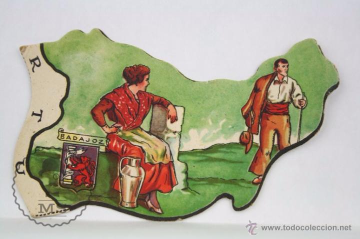 Collectionnisme Cartes &agrave; collectionner massicot&eacute;es anciennes: Antiguo Cromo Troquelado de Chocolates Jaime Boix. N&ordm; 35. Badajoz - Puzle Mapa de Espa&ntilde;a