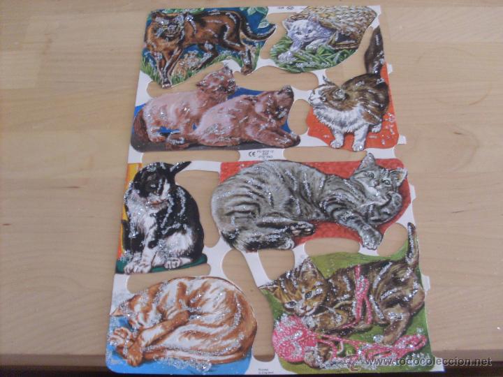 Collectionnisme Cartes &agrave; collectionner massicot&eacute;es anciennes: LAMINA CROMOS TROQUELADOS MLP 1539 CON 8 CROMOS RELIEVE Y PURPURINA GATOS (TRO5)