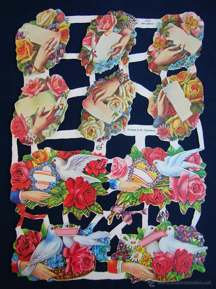 Collectionnisme Cartes &agrave; collectionner massicot&eacute;es anciennes: LAMINA CROMOS TROQUELADOS EF- 7093. MANOS Y MENSAJES ENTRE FLORES. RELIEVE Y BRILLO