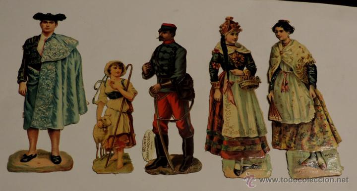 Coleccionismo Cromos troquelados antiguos: 5 CROMOS TROQUELADOS DE COMPA&Ntilde;IA COLONIAL DE PERSONAJES, EL MAS ALTO MIDE 12,5 CMS. APROXIMADAMENTE,