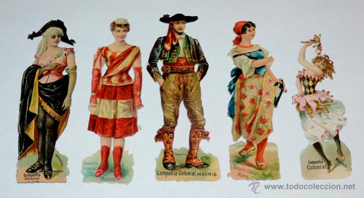 Coleccionismo Cromos troquelados antiguos: 5 CROMOS TROQUELADOS PUBLICIDAD DE LA COMPA&Ntilde;IA COLONIAL, MADRID, CHOCOLATES, CAFES, BOMBONES Y DULCE