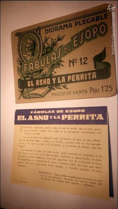 Sammeln alte gestanzte Sammelbilder: L950 ANTIGUO diorama plegable de las f&aacute;bulas de Esopo n&ordm; 12 El asno y la perrita - Ediciones Barsal