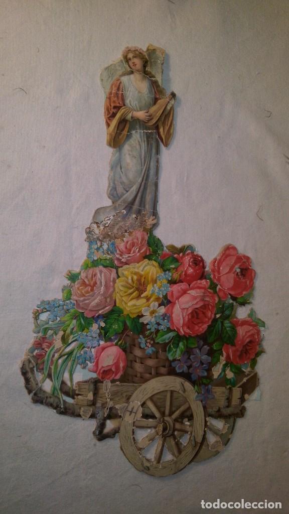 Colecionismo Cromos recortados antigos: ANGEL Y CARRO CON FLORES CROMO TROQUELADO DE GRAN TAMA&Ntilde;O, ENTRA TODO. MEDIDAS FOTOGRAFIADAS