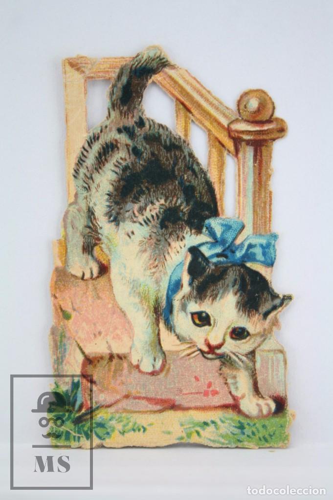 Colecionismo Cromos recortados antigos: Antiguo Cromo de Picar / Troquelado - Chocolate Amatller - Gatito con Lazo Azul - 4 x 6,5 cm