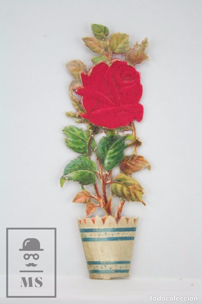 Colecionismo Cromos recortados antigos: Antiguo Cromo de Picar / Troquelado - Rosa en Maceta - Chocolate. Sin Publicidad - 2,5 x 7,5 cm