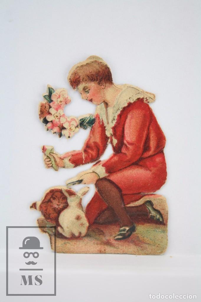 Colecionismo Cromos recortados antigos: Antiguo Cromo de Picar / Troquelado - Ni&ntilde;o con Conejos - Chocolate. Sin Publicidad - 4 x 6 cm