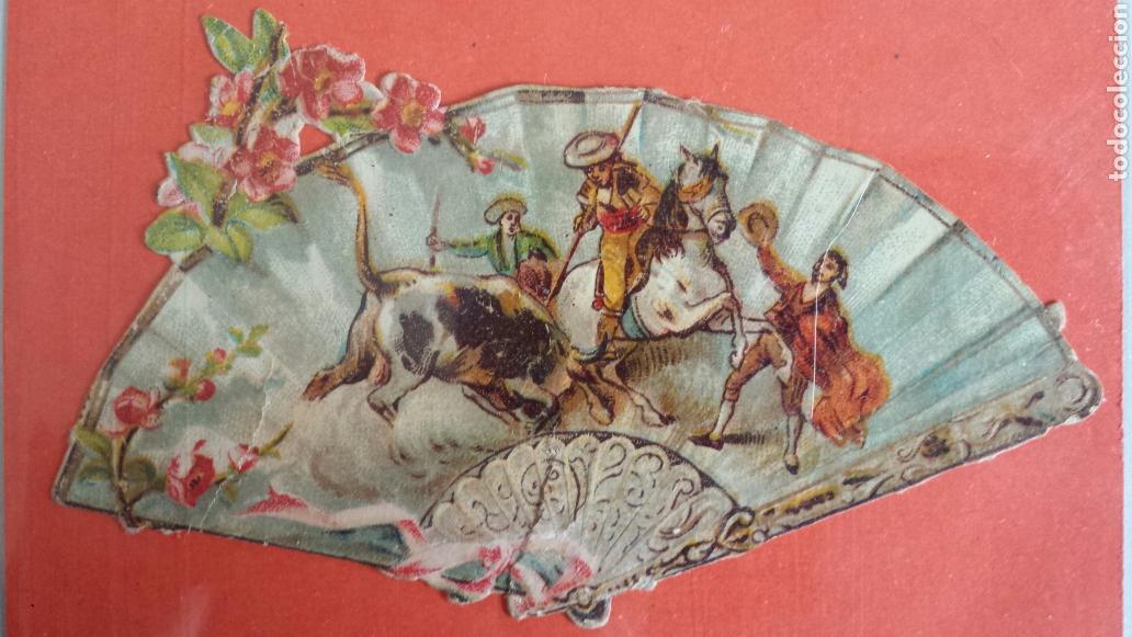 Collectionnisme Cartes &agrave; collectionner massicot&eacute;es anciennes: Fantastico cromo troquelado con escena de tauromaquia 4 abanico